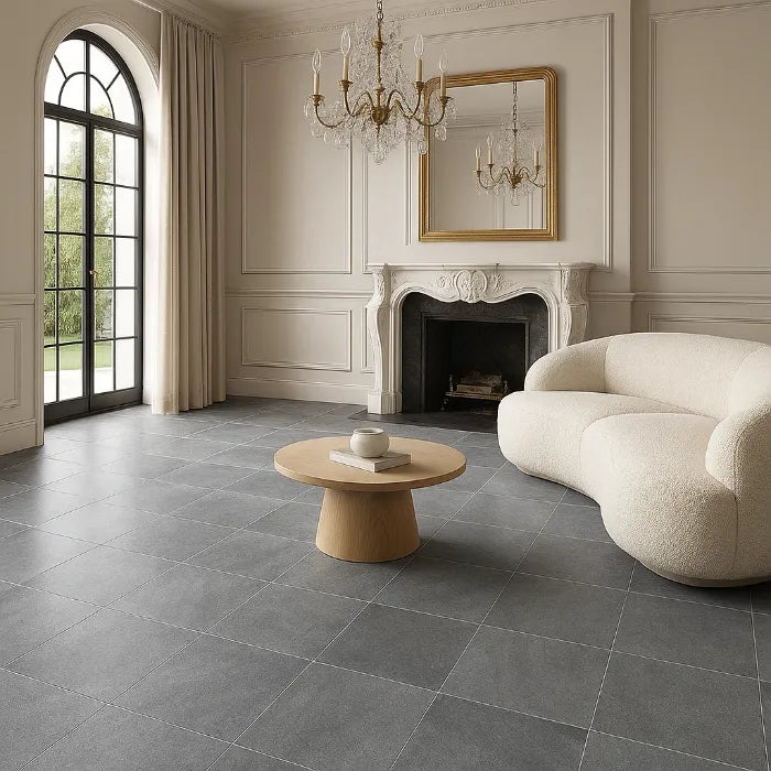Basalt Grey Matte 12 x 24 porcelain tiles in luxury living room.