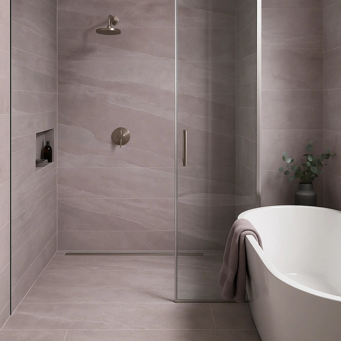 Ashima Grey 24 x 48 porcelain tiles in bathroom.