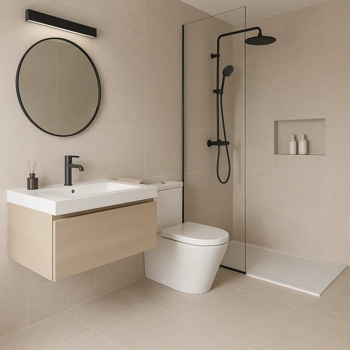 Authentic Luxe Stone Chablis 48 x 48 porcelain tiles in bathroom.