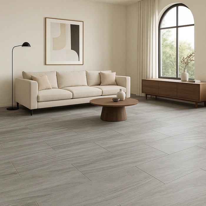 Artwork Acciaio 18 x 36 porcelain tiles in living room.