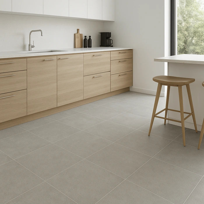 Basalt White Chiseled Grip R11 24 x 24 porcelain tiles in modern kitchen.