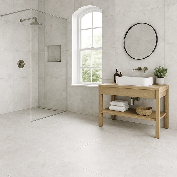 Art Travertine Lappato 24 x 48 porcelain tiles in kitchen.