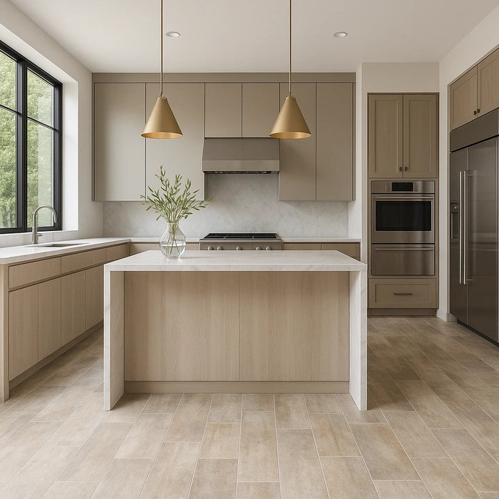 Arbia Grey Grip R11 24 x 48 porcelain tiles in kitchen.