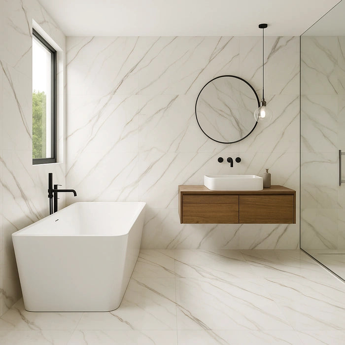 Aston Gold Matte 48 x 48 porcelain tiles in bathroom.