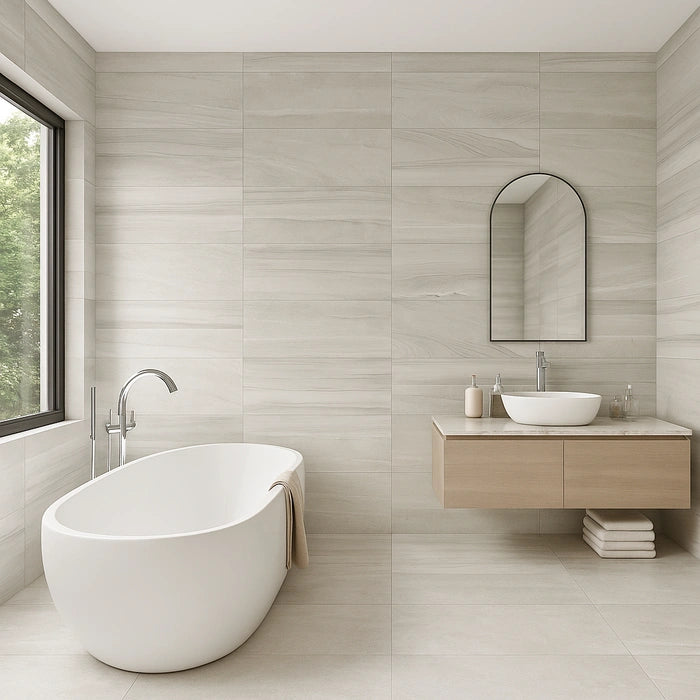 Artwork Gesso 18 x 36 porcelain tiles in bathroom.
