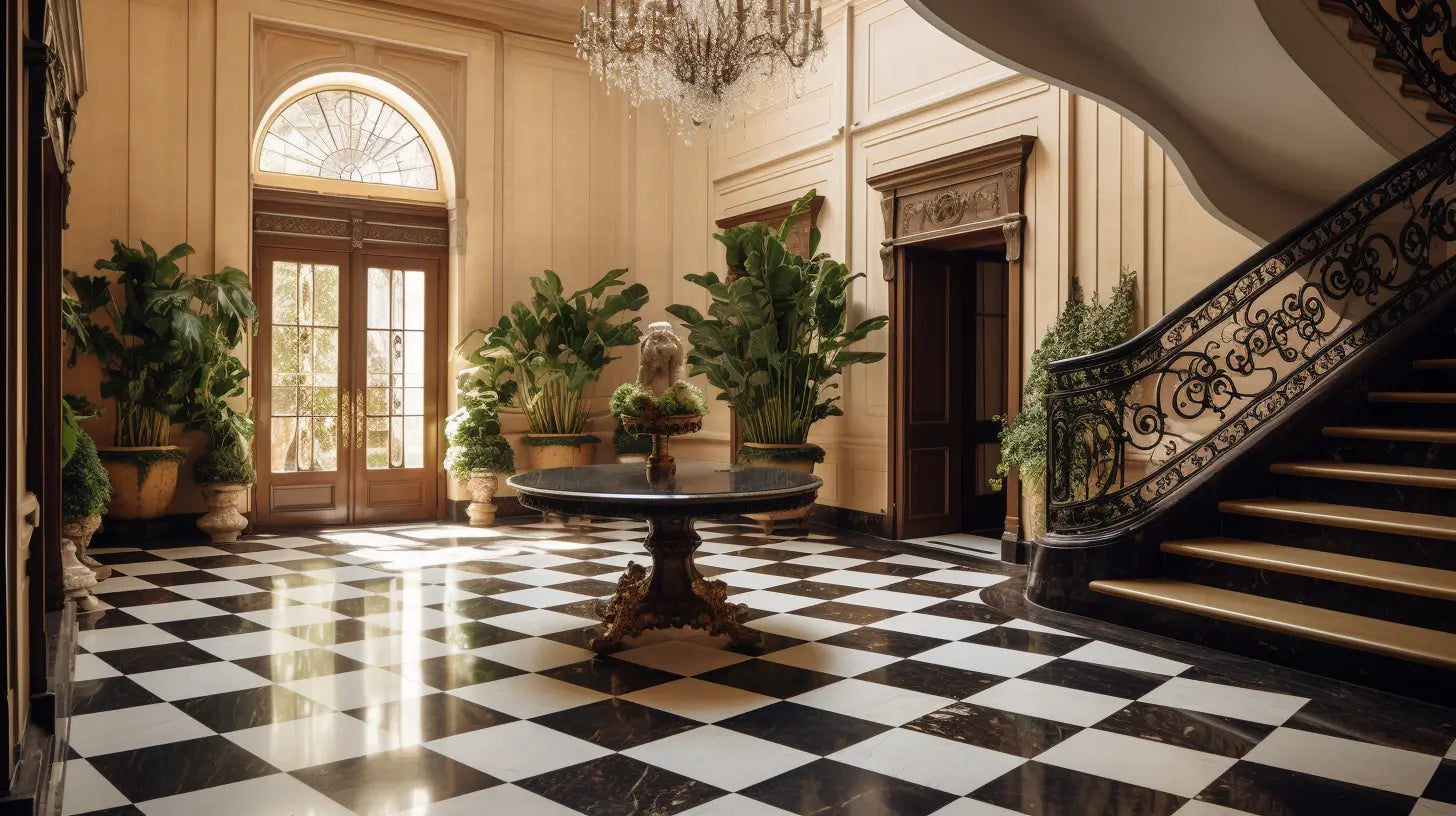 Grand foyer with black-and-white natural stone checkerboard floor, ornate staircase, plants, and table.