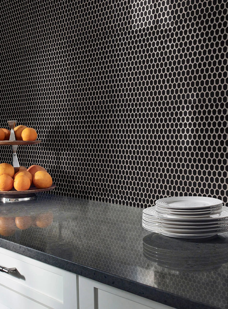 Black Glossy Penny Round Mosaic Tile wal in kitchen