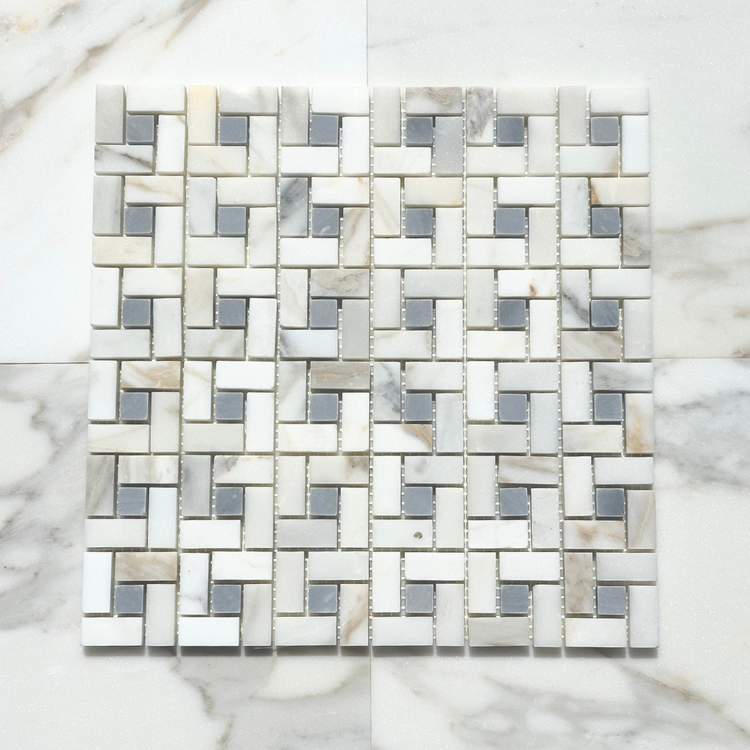 Calacatta Gold Marble Pinwheel with Grey Mosaic