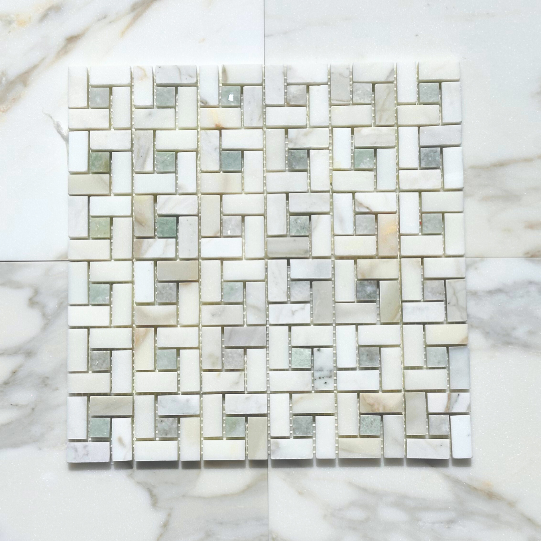 Calacatta Gold Marble Pinwheel with Ming Green Mosaic