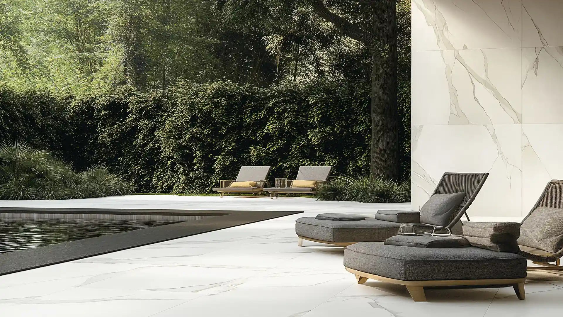 Outdoor white porcelain marble-look tile patio with gray loungers and lush green backdrop.
