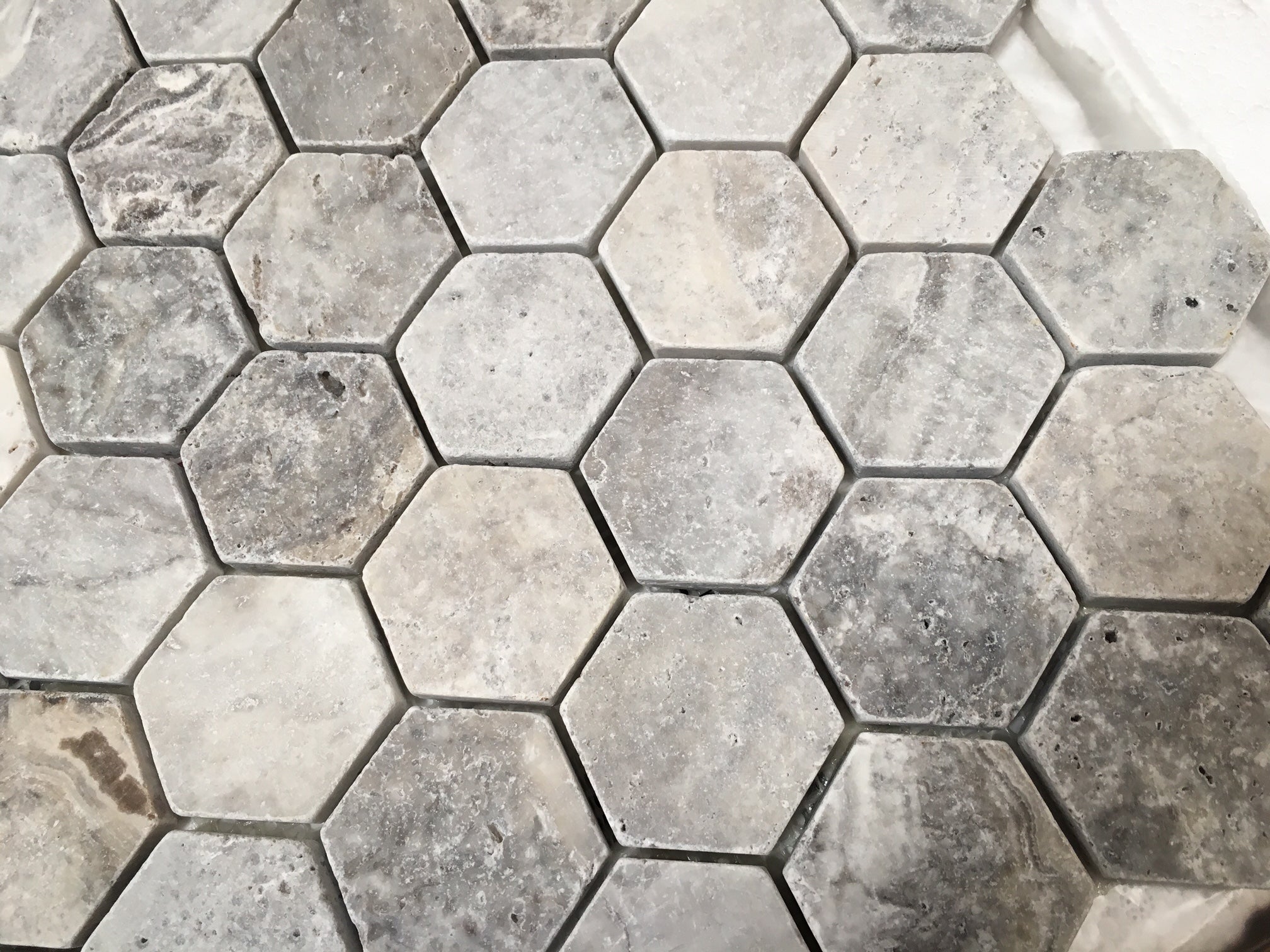 SILVER TRAVERTINE 2" HEXAGON TUMBLED MOSAIC