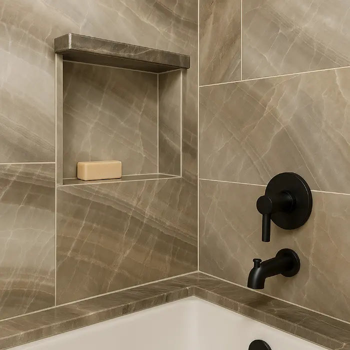 Akoya Ocean Matte Bullnose 3 x 24 porcelain tiles in shower.
