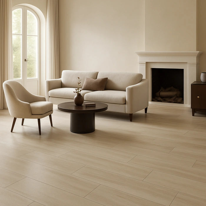Artwork Corian 24 x 48 porcelain tiles in living room.