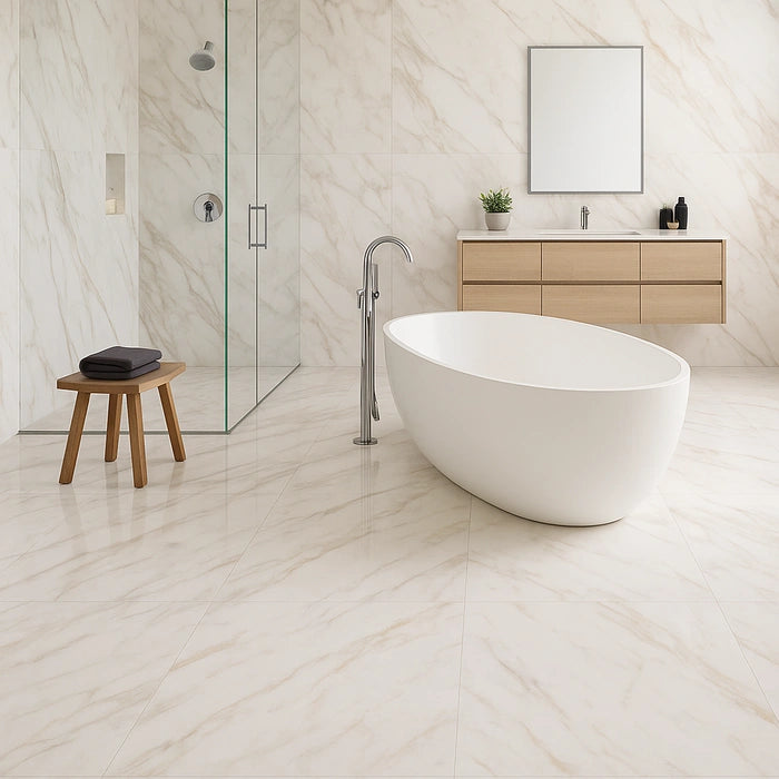 Aurum Calacatta Polished 36 x 36 porcelain tiles in bathroom.
