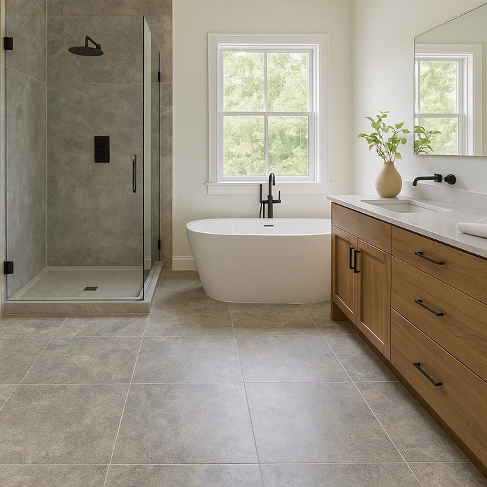 Spacious bathroom with a stone textured tile floor featuring Beat Almond 12 x 24 tiles