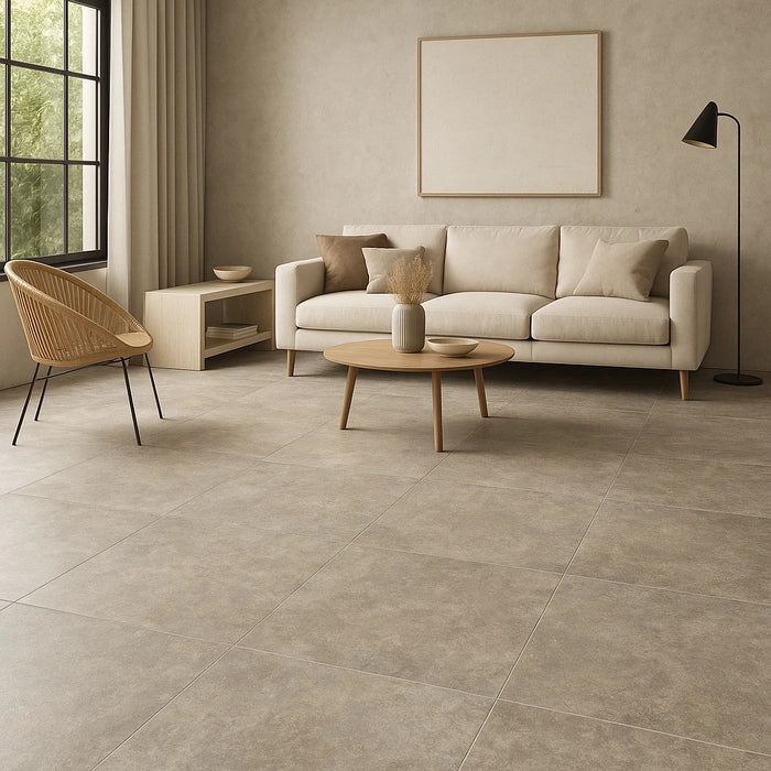 Spacious interior with Beat Almond Grip R11 48 x 48 tile flooring in soft earthy gray tones