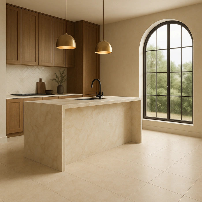 Arbia Ivory Grip R11 24 x 48 porcelain tiles in kitchen.