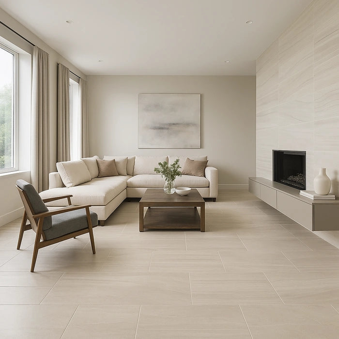 Artwork Gesso 24 x 48 porcelain tiles in living room.