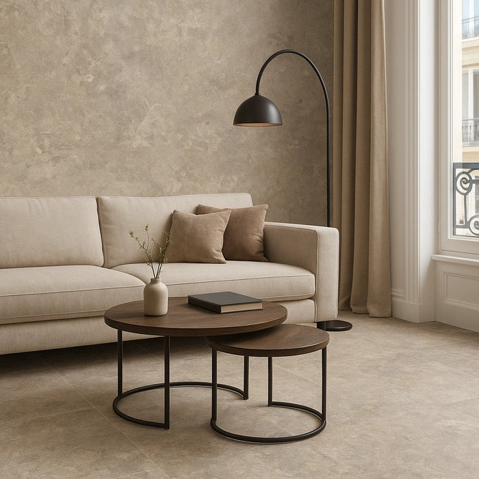 Spacious living room with Beat Almond Grip R11 24 x 48 tiles and minimalist neutral decor