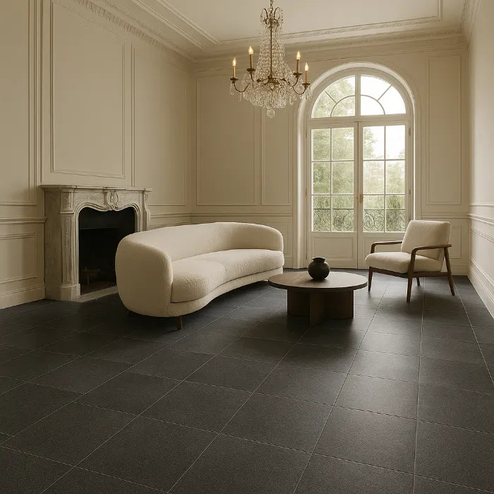 Basalt Graphite Matte 24 x 24 porcelain tile in living room.