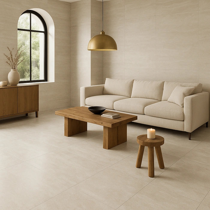 Appia Vein Cut White Polished 24 x 48 porcelain tiles in living room.