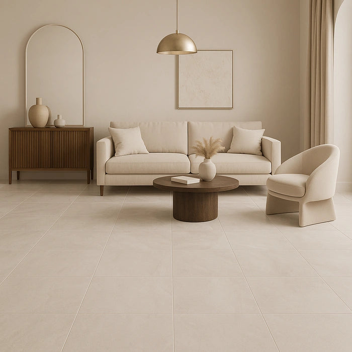 Appia Vein Cut White Polished 12 x 24 porcelain tiles in living room.