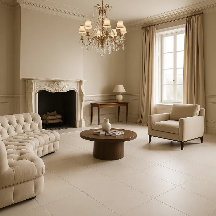 Babilon Arctic Matte 48 x 48 porcelain tiles in spacious living room.