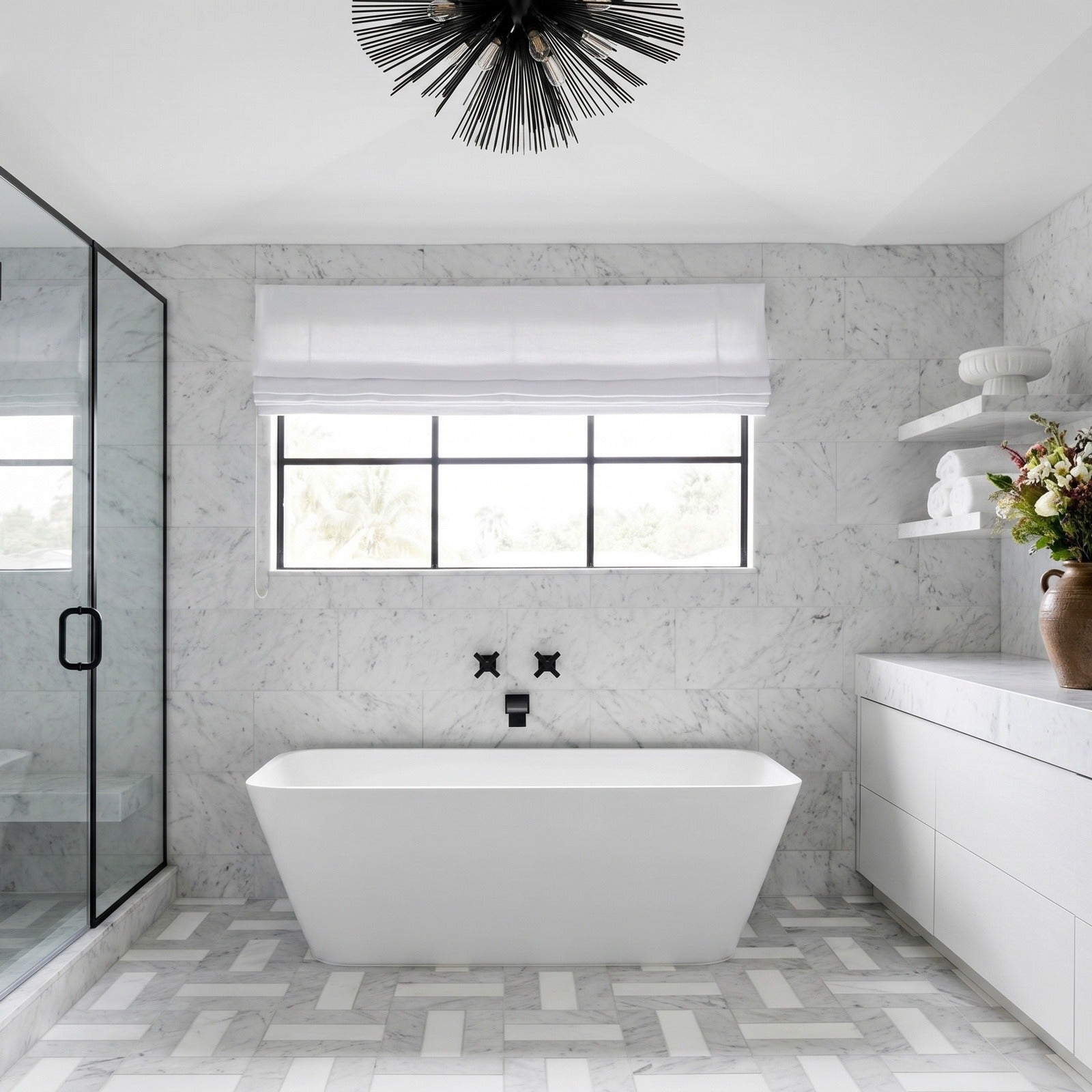 Thassos White and White Carrara marble tile bathroom