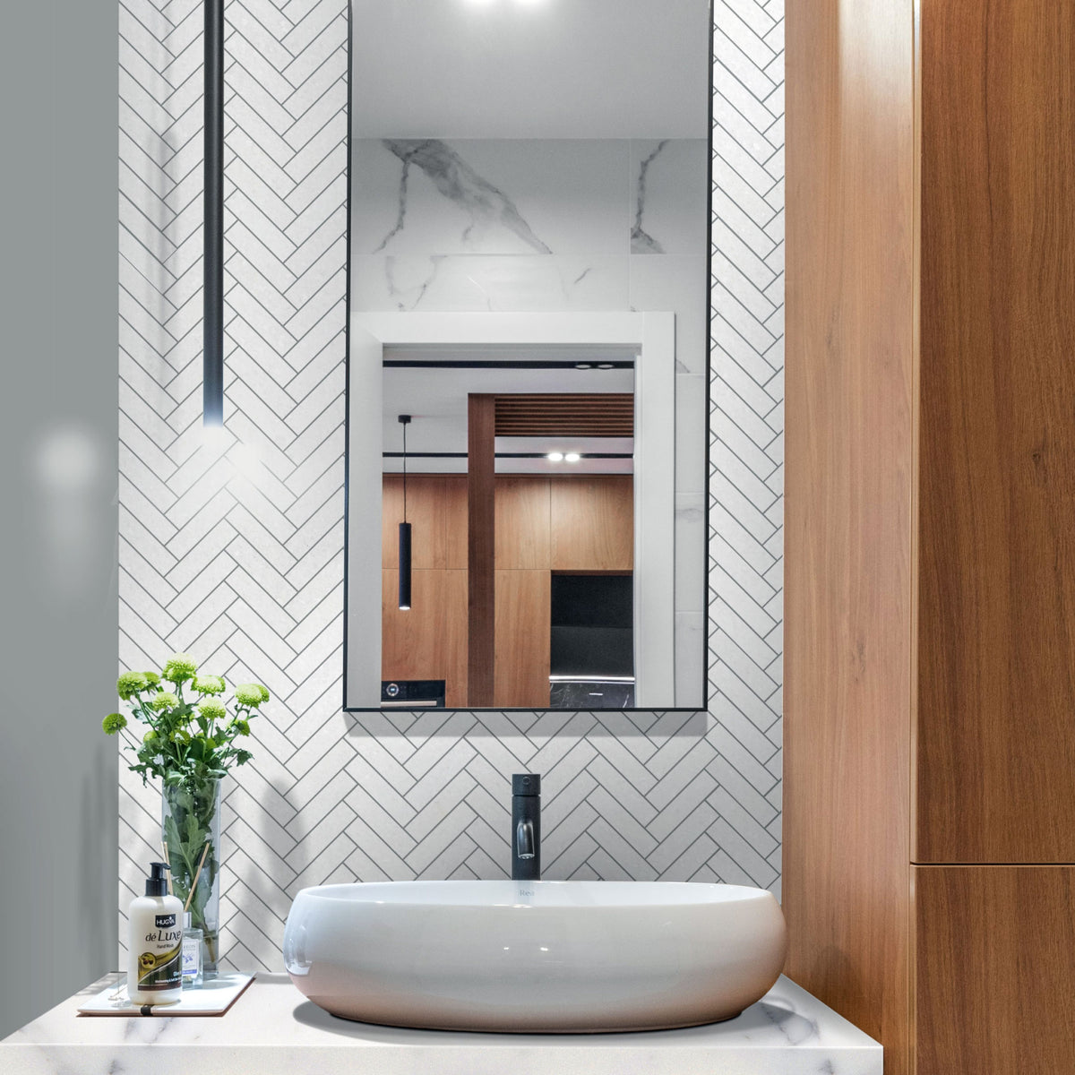 Herringbone tile room scene
