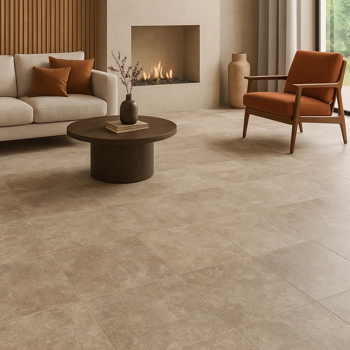 Textured brown grey Beat Mud 24 x 24 tile ideal for bathrooms, kitchens, or living areas