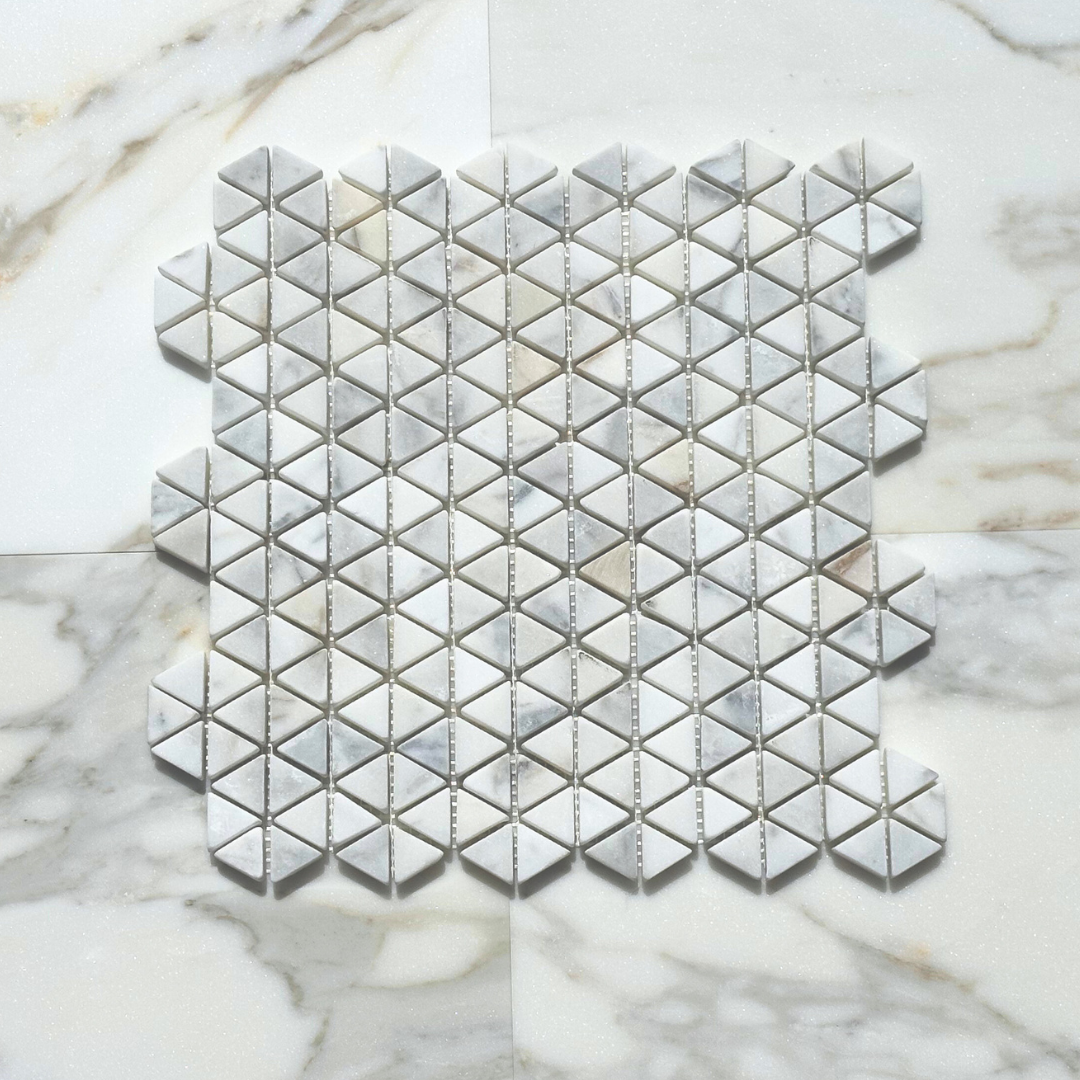 Calacatta Gold Marble Triangular Tumbled Hexagon Mosaic