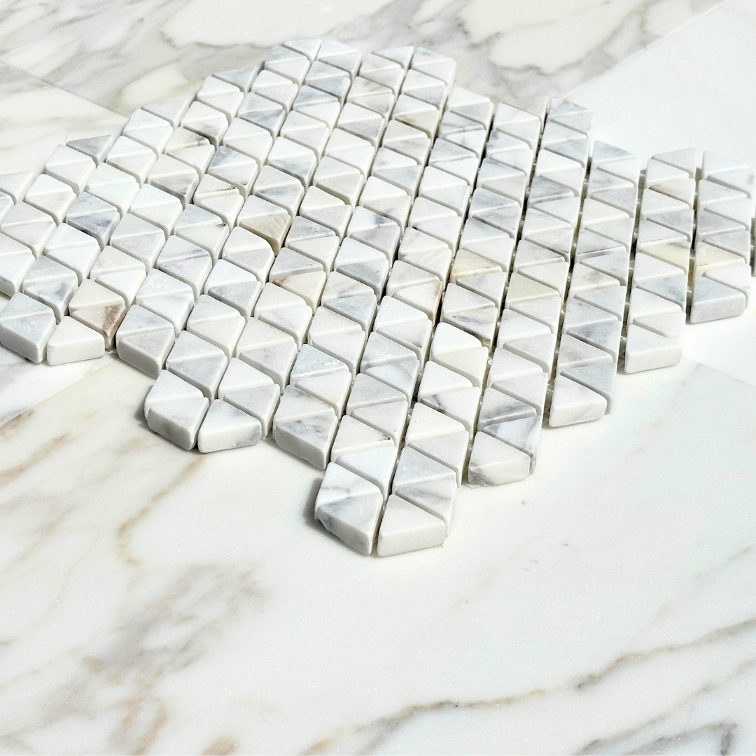 Calacatta Gold Marble Triangular Tumbled Hexagon Mosaic