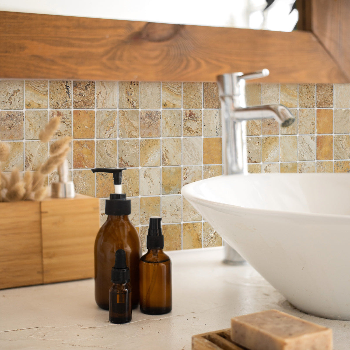 Valencia Travertine Square Mosaic Tile, 2 in, Tumbled in a room setting