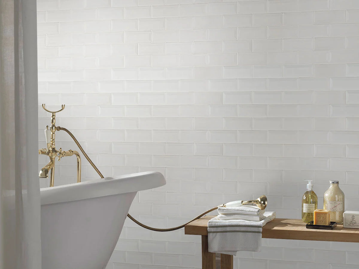 Whisper White 2x6 Beveled Ceramic Tiles for Shower Walls