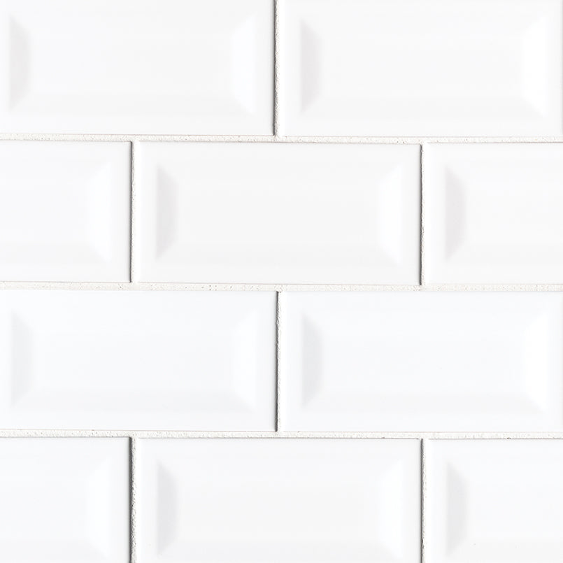 White Glossy 3"x6" Inverted Beveled Porcelain Tile – Polished Sculpted Subway Tile for Backsplashes, Shower Walls & Bathroom Designs