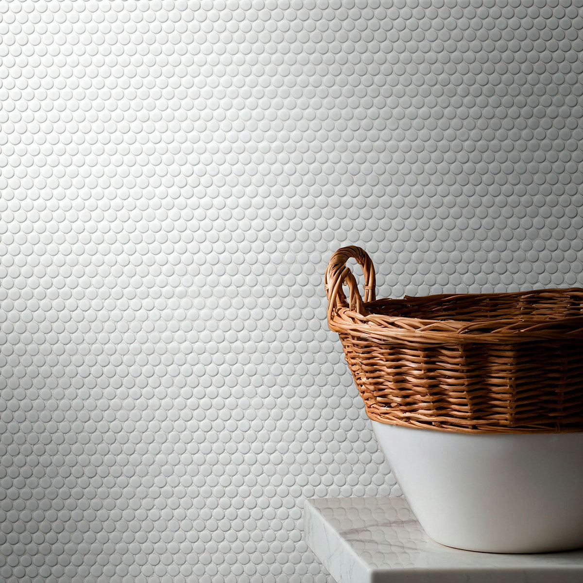 Bianco Penny Round Glossy Porcelain Mosaic Tile – Patterned White Porcelain for Backsplashes, Shower Floors & Modern Wall Accents
