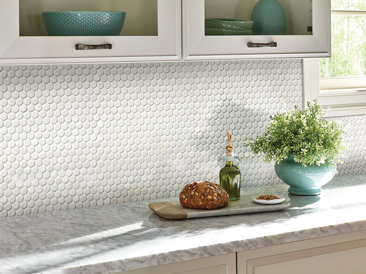 Bianco Penny Round Glossy Porcelain Patterned Floor Tiles