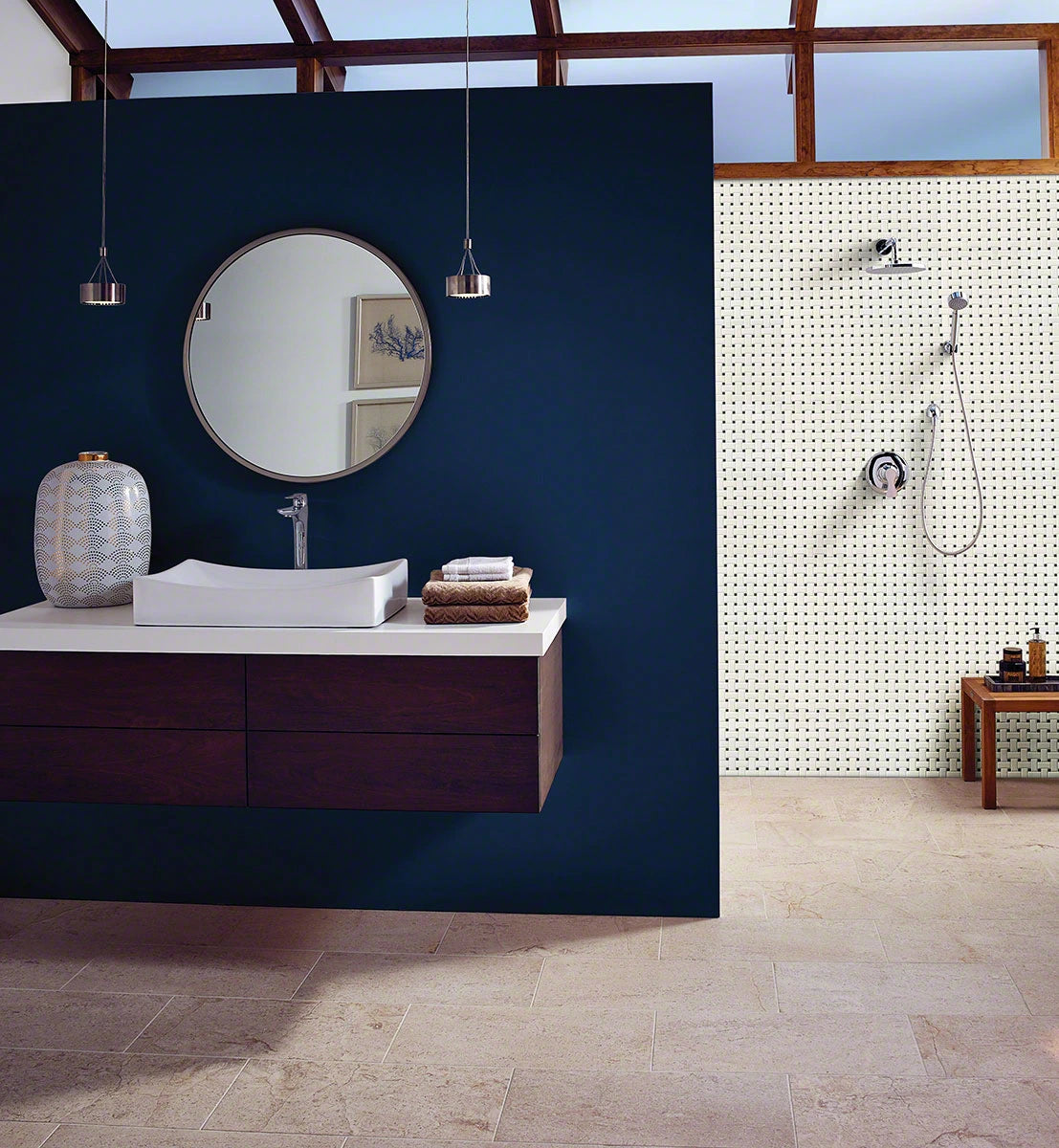 White & Black Basketweave Tile wall near shower surround