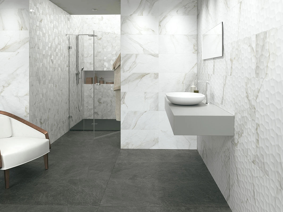 Adella Viso Calacatta 12x24 Satin Large Format Tile in bathroom
