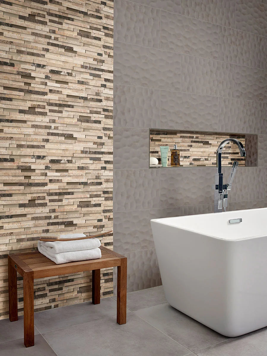 Adella Viso Gris 12x24 Satin Large Format Tile in bathroom