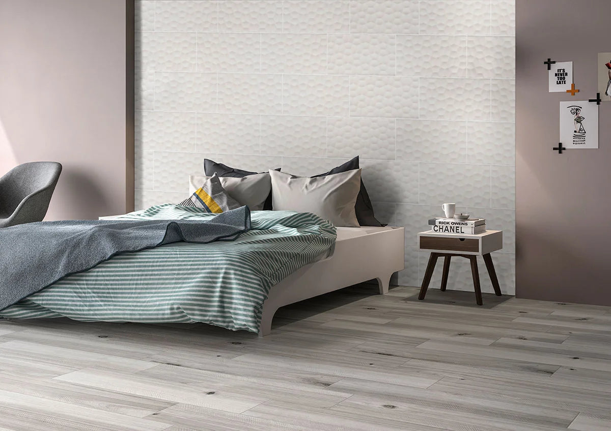 Adella Viso White 12x24 Satin Large Format Tile in bedroom