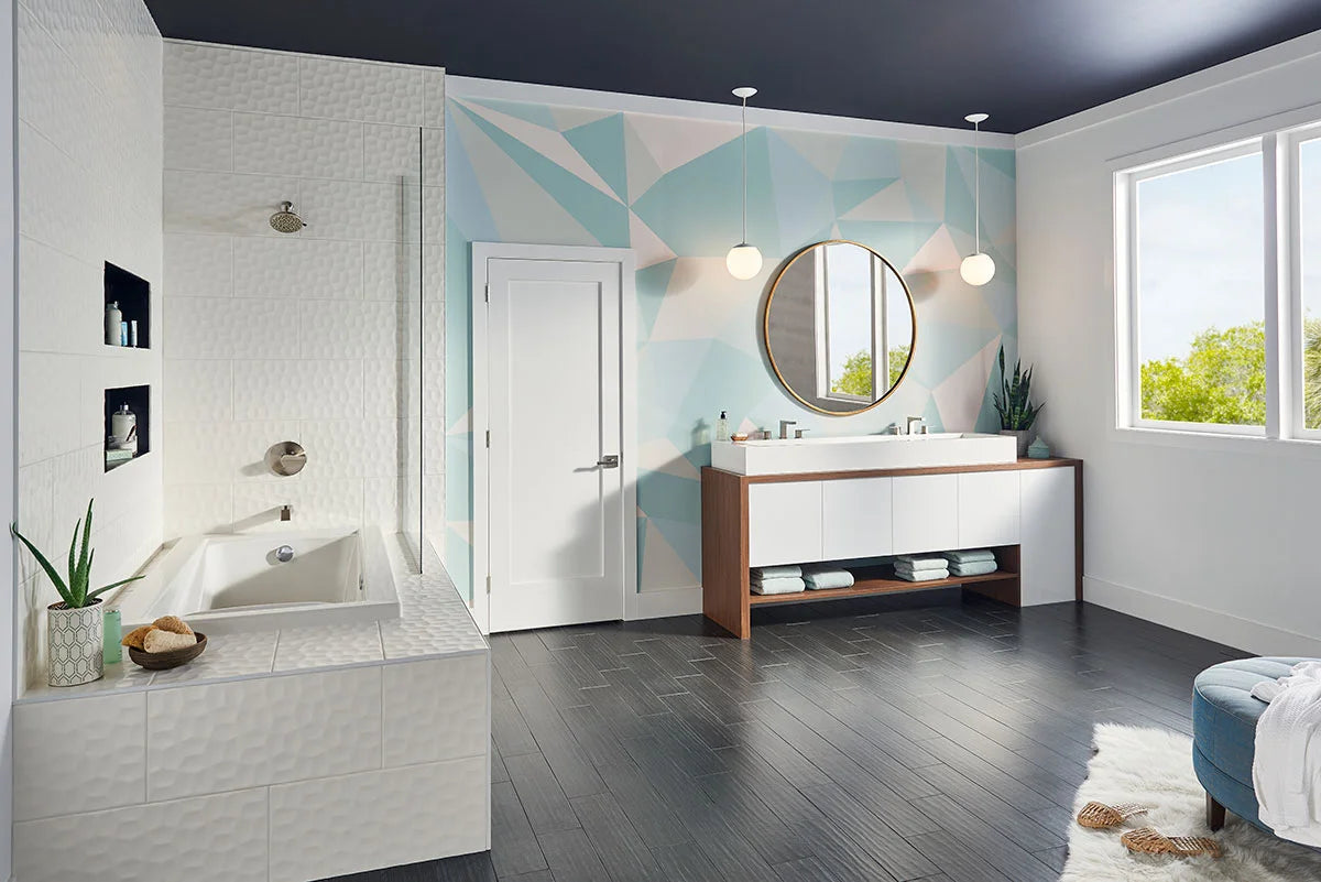 Adella Viso White 12x24 Satin Large Format Tile in bathroom