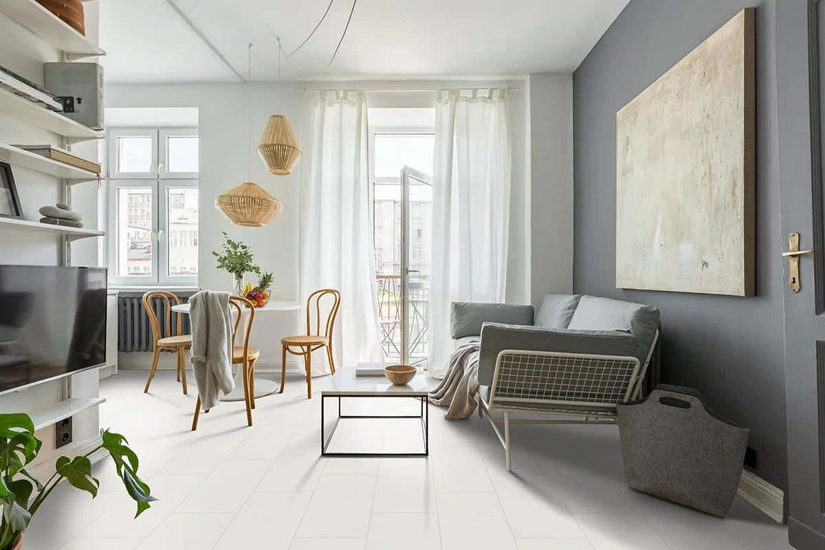 Adella White 12x24 Satin wall Tile in living room