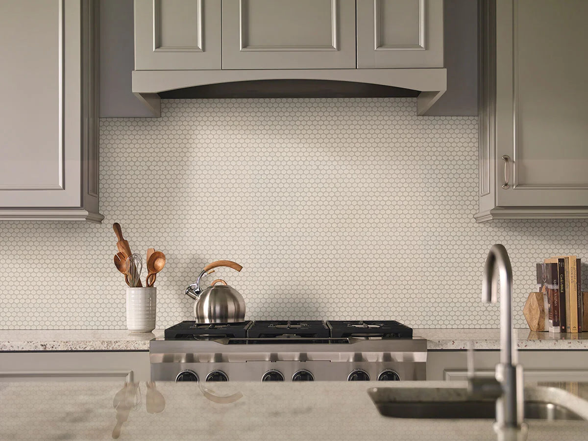 Almond Penny Round Mosaic Tile backsplash in kitchen