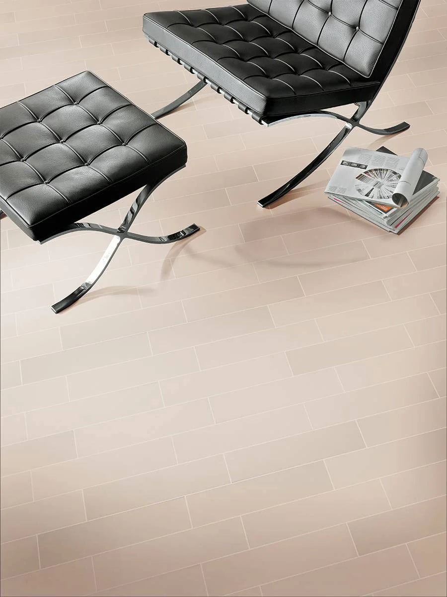 Almond Glossy Subway 4x16 Tile flooring in living room
