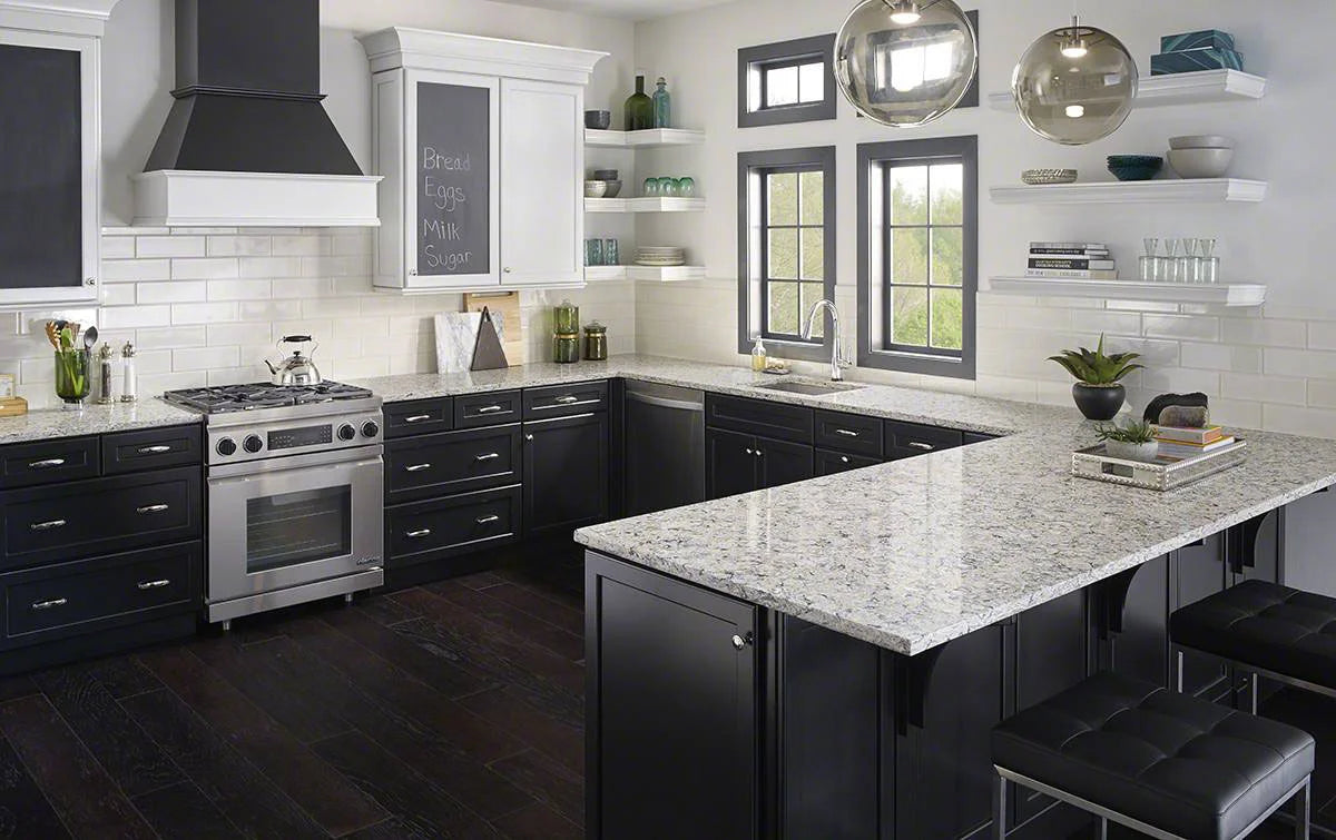 Antique White Glazed Handcrafted 4x12 Mosaic Tile with Pacific Salt Quartz in kitchen