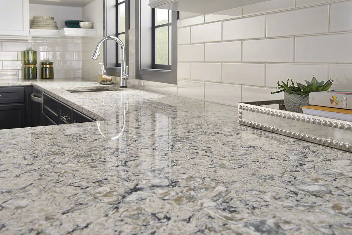 Antique White Glazed Handcrafted 4x12 Mosaic Tile with Pacific Salt Quartz in kitchen
