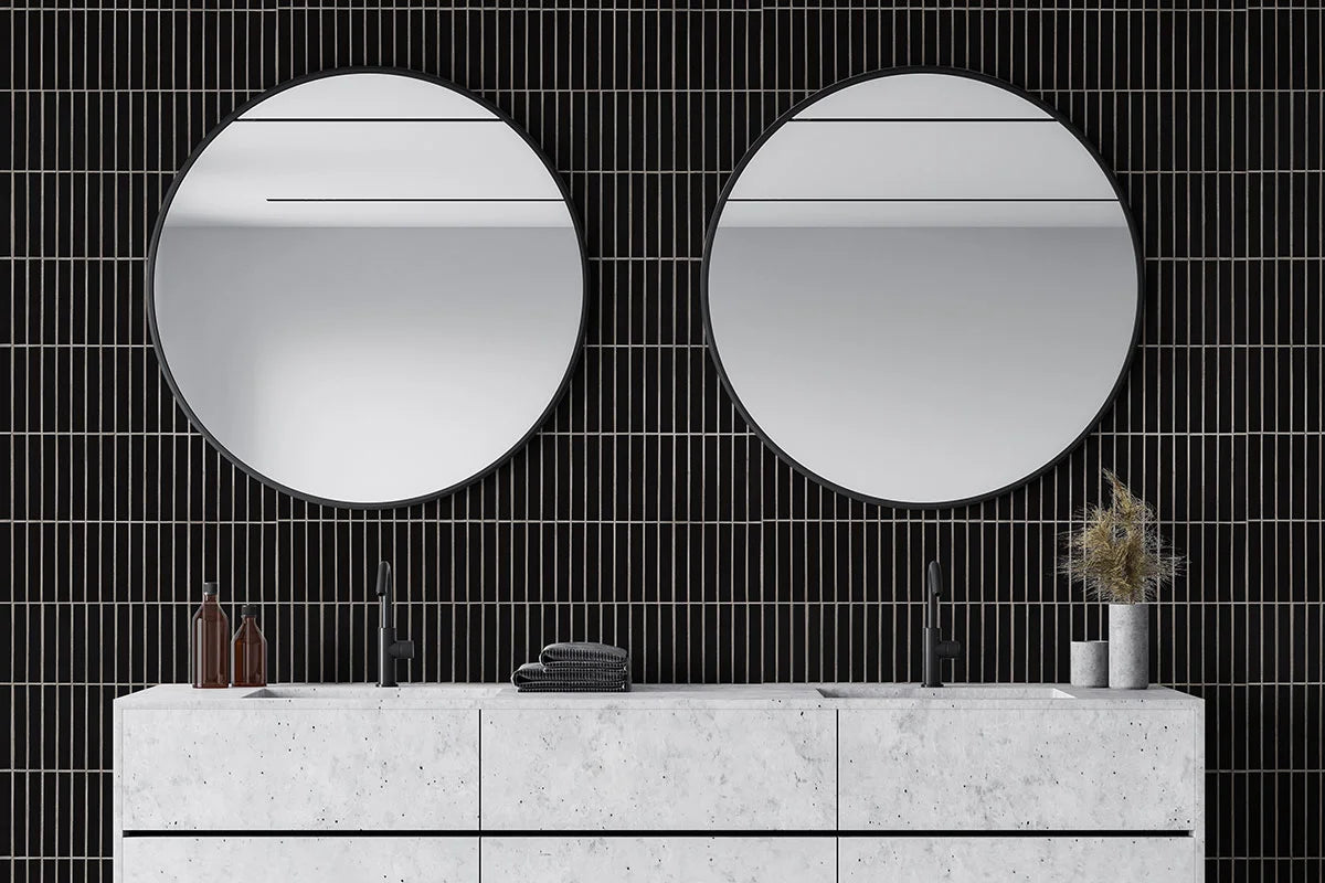 Black Matte 1x6 Stack Pattern wall in bathroom