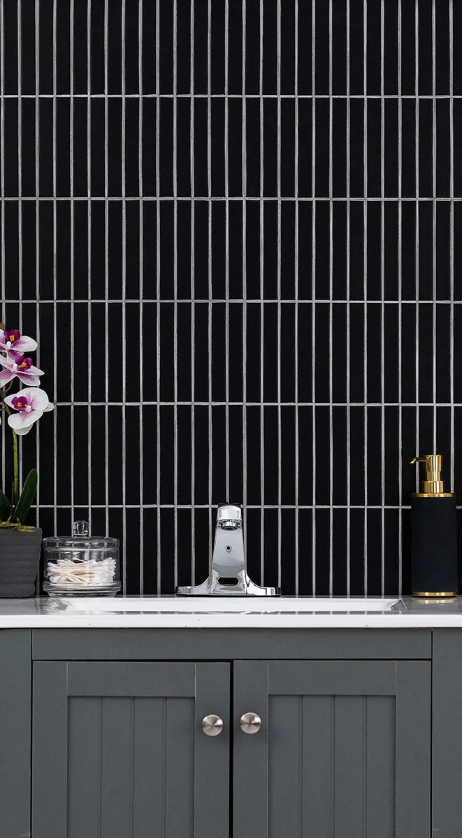 Black Matte 1x6 Stack Pattern wall in bathroom