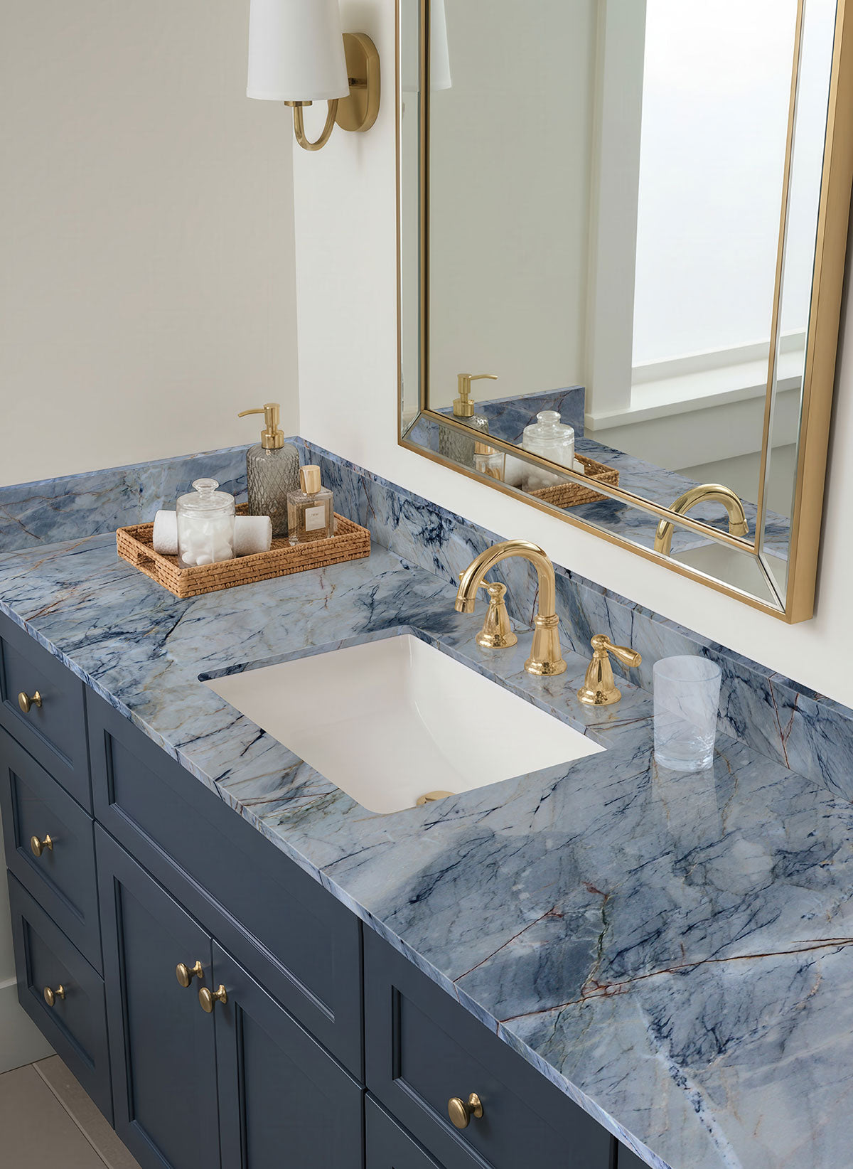 Blue Lava stone bathroom vanity installation